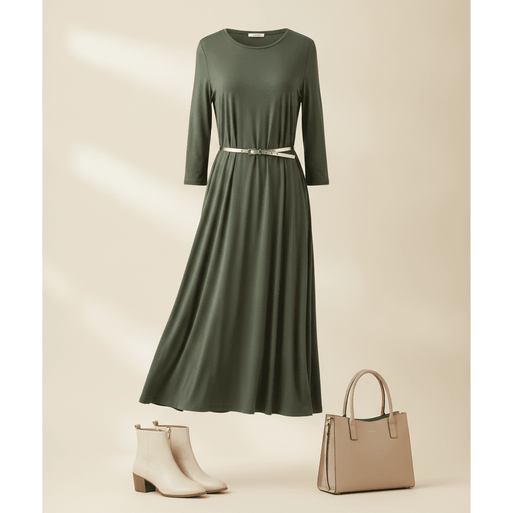 Robe Midi en Jersey - Vert kaki