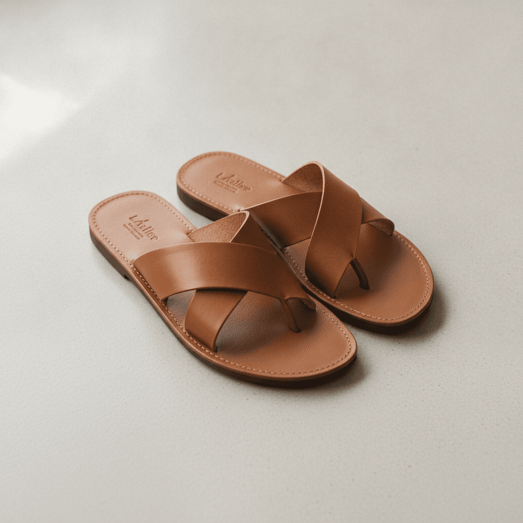Tongs en Cuir Souple - Camel